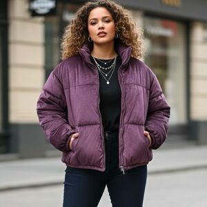 Nine West Velvet Puffer Jacket Plum Purple Oversized Quilted Coat Luxury Bomber
